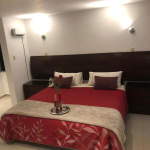 卡哈马卡HOTEL CB CAJAMARCA HUACARIZ的酒店客房,配有一张红色床罩的床
