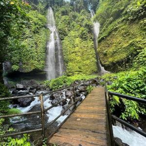 新加拉惹苏吉格德民宿的一条木桥,横跨一条河上,有瀑布