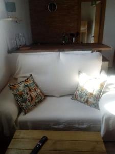 阿尔蒙特Refugio rural cerca de El Rocio- El flamenco azul的白色的沙发,上面有两个枕头
