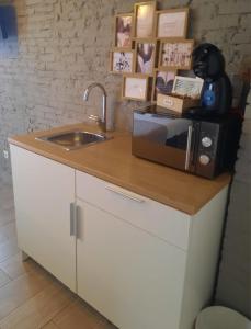 瓦伦西亚Bonito Alojamiento F的厨房柜台配有微波炉和水槽