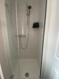 HadleighCabin de la Paix的带淋浴的浴室,带玻璃门