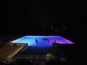 La Roquette-sur-SiagneRez-de-villa climatisé, jacuzzi et piscine的两人晚上在游泳池游泳