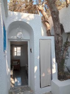西迪·布·赛义德Maison à Sidi Bou Said的白色的走廊,有树和门