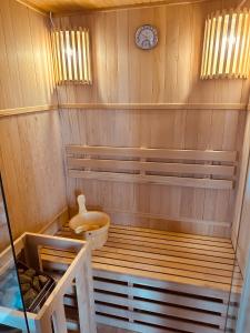 吕贝克Premium Hausboot Blaue Lagune的一间带桑拿和卫生间的浴室