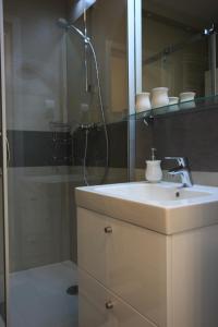 尤斯托尼莫斯基Apartament Deluxe的一间带水槽和淋浴的浴室