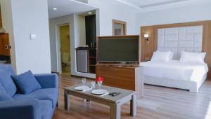 赫尔格达Rivoli Suites and Spa的客厅配有床、电视和沙发。