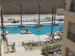 开罗Alumia Marigold Suite 3BR Apt Pool Access的享有棕榈树大型游泳池的顶部景致