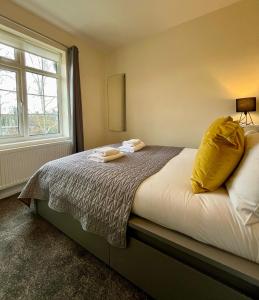 剑桥CENTRAL, newly refurb 2 bed flat with FREE PARKING的一间卧室配有一张黄色枕头的床
