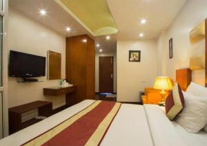 新德里Hotel Palm Do'r Near New Delhi Railway Station的酒店客房,配有床和电视