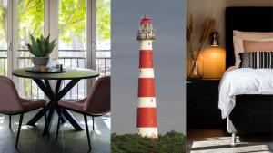 霍勒姆Appartement de Hoge Stoep的两张照片,一张房间,有一个灯塔和一张桌子