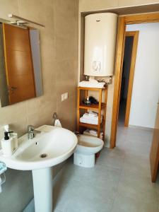托雷德尔马尔Apartamento en Torre del Mar的一间带水槽、卫生间和镜子的浴室
