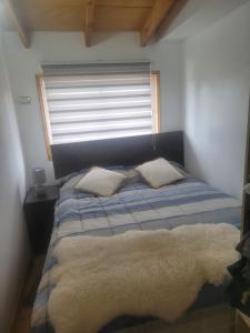 La UniónMaravilloso departamento en el sur de Chile的一间卧室配有一张带蓝色毯子的床和窗户。