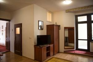 克拉科夫Kompleksowo wyposażony apartament w centrum的客厅设有木架上的电视