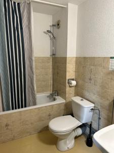 米拉AUX GLOBE-TROTTERS的浴室配有卫生间、浴缸和水槽。