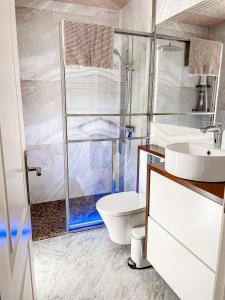 埃勒凡达尔Open Sky, Apartamento con solárium privado y barbacoa的带淋浴、卫生间和盥洗盆的浴室