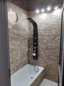特尔马斯德里奥翁多Sueño de Termas的带淋浴的浴室(带石墙)