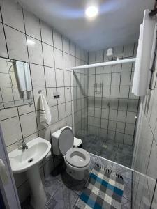 特林达德Pousada Gaivotas的一间带卫生间和水槽的浴室