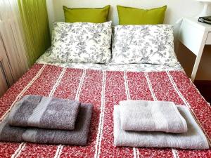 华沙Wygodny dwupokojowy apartament pomiedzy lotniskiem a centrum的床上配有枕头和毛巾