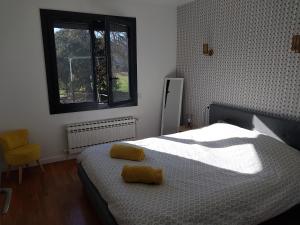 安锡Les Pics Verts的一间卧室配有一张带两个黄色枕头的床