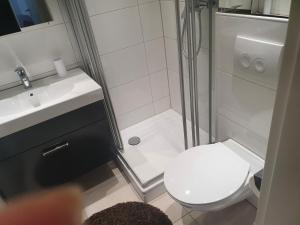 巴特德里堡Ferienwohnung/Montagewohnung 2的带淋浴、卫生间和盥洗盆的浴室