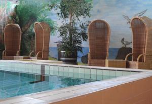 弗利辛恩皮卡德餐厅酒店的墙上挂有壁画的游泳池