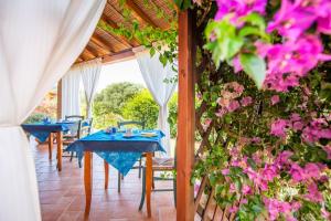 奇亚B&B La Vela Chia的用餐室配有蓝色桌子和粉红色的鲜花