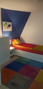 科尔别卢夫STUDIO SLOW CERLA 9 Korbielów的一间卧室配有床和色彩缤纷的地毯。