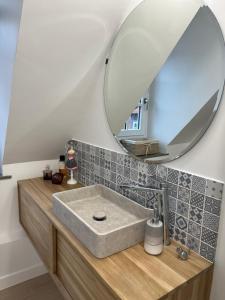 里尔Chambre privée Place aux oignons的一间带水槽和镜子的浴室