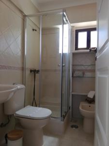 阿尔科巴萨Casa Quintal da Aldeia的带淋浴、卫生间和盥洗盆的浴室