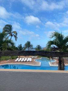 Monte GordoHotel Torre Molino的一个带躺椅和棕榈树的游泳池的度假酒店