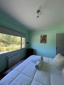 坦迪尔Tandil del Lago的一间卧室设有一张大床和大窗户