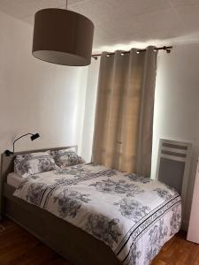 伊西莱穆利诺chambre d'hote的一间卧室配有一张带窗帘和灯的床