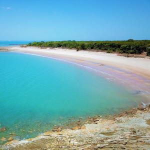 Wagait BeachUnit 1 Golden Sands Retreat的一片蓝水和树木环绕的海滩