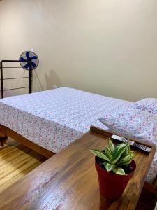 比加瓜Verde Amanecer的一间卧室配有一张床和一张带盆栽的桌子