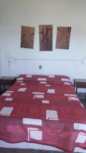 拉帕洛马TIEN TAI TUNA的一张带红色被子的床和墙上的四张照片