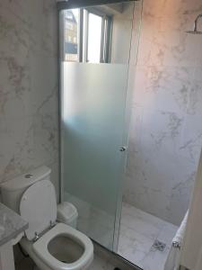 科恰班巴Lujoso departamento en ¨torre Alessandria¨的一间带卫生间和玻璃淋浴间的浴室