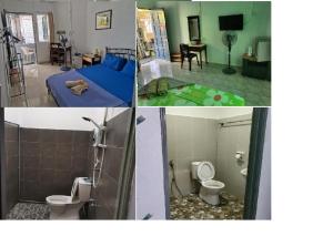 珍南海滩Langkawi Village Budget Rooms的卧室和浴室三幅照片的拼合