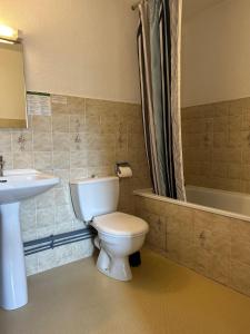 米拉AUX GLOBE-TROTTERS的浴室配有卫生间、盥洗盆和浴缸。