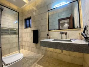 拉瓦尔品第Firefly Retreat-your home away from home的一间带水槽、卫生间和镜子的浴室