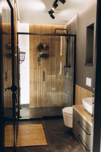 雅西Great Exodus - Iasi City Center的带淋浴、卫生间和盥洗盆的浴室