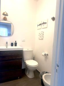 陶尔米纳Taormina Casa Sarina的一间带卫生间、水槽和镜子的浴室