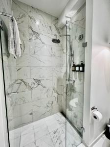 哥本哈根Camillas Holiday home Copenhagen City Centre的浴室设有大理石瓷砖和淋浴。
