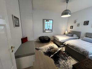哥本哈根Camillas Holiday home Copenhagen City Centre的一间带两张床的卧室和地毯
