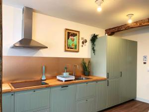 贝梅奥Charming flat in historic centre by Santa Maria的厨房配有绿色橱柜和水槽