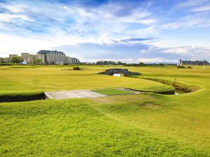 圣安德鲁斯2 Bed in St Andrews 90764的享有高尔夫球场和绿色田野的景色