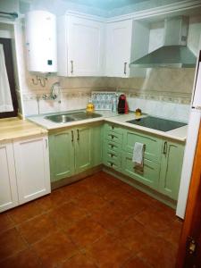 罗德里戈城Casa rural Los Barreros的厨房配有绿色橱柜和水槽