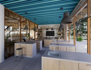 蓬塔卡纳Bahia Principe Luxury Esmeralda All Inclusive - Newly Renovated的一间拥有蓝色天花板和电视的大厨房
