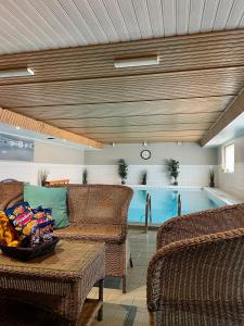波尔沃Aurora Igloo Porvoo的带沙发和游泳池的客厅