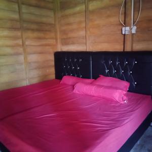 比哈尔Karang Besi Losmen的粉红色的床、黑色床头板和粉红色枕头