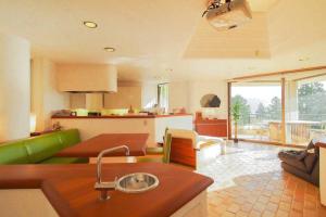 OnsensōOpen-air bath & Private hot-spring Villa in Hakone的一间带绿色沙发的客厅和一间厨房